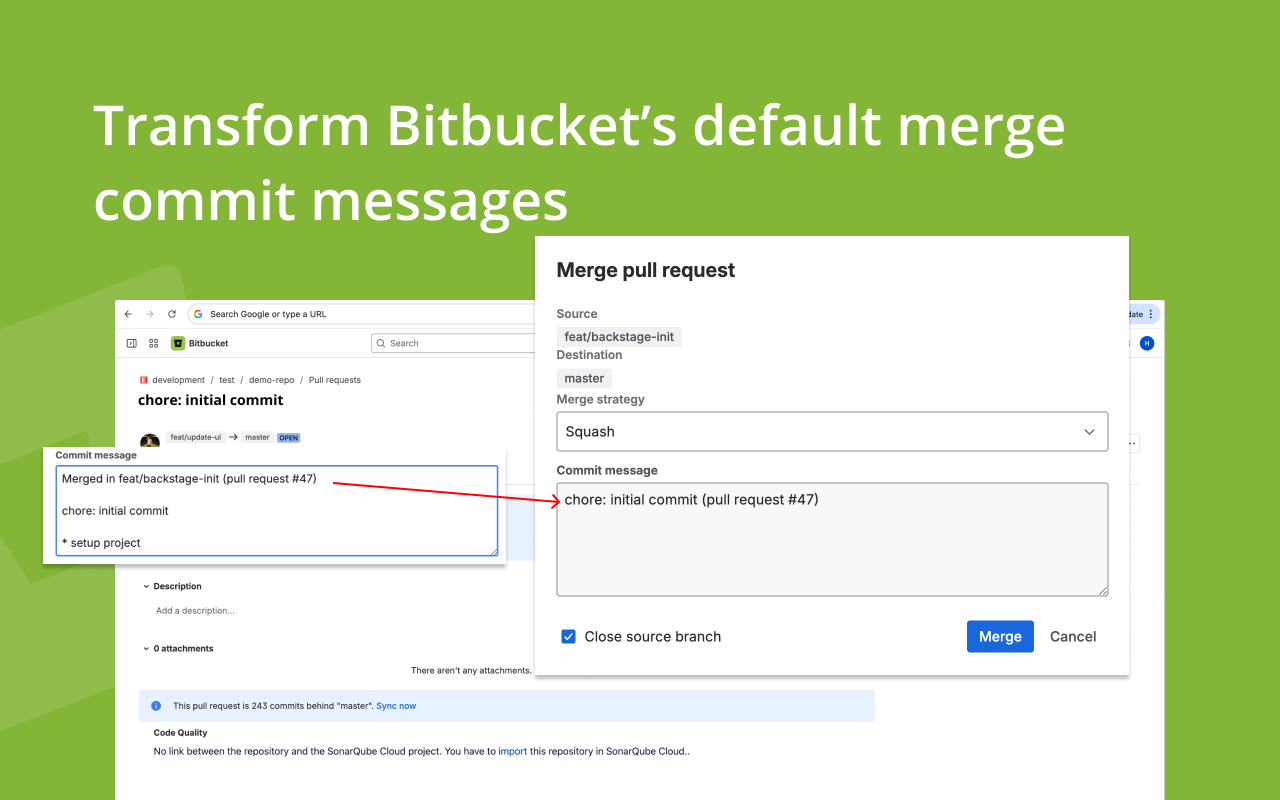 Bitbucket merge pull request dialog with commit message