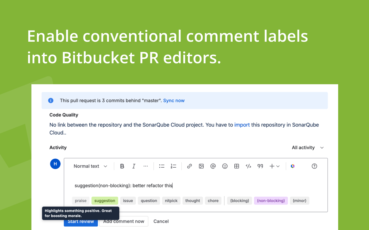 Conventional comment label toolbar below a Bitbucket PR comment box